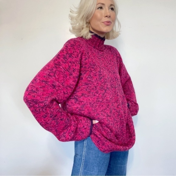 Hot Pink Speckled Oversized Slouchy Long Chunky Turtleneck Knit Sweater - Picture 1 of 6
